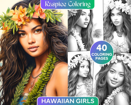 40 Hawaiian Girls Grayscale Coloring Pages Printable for Adults, PDF File Instant Download