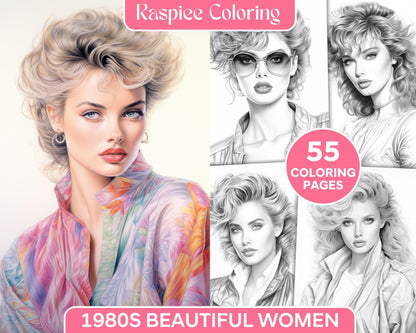 1980s Retro Beautiful Women Grayscale Coloring Pages for Adults, PDF File Instant Download