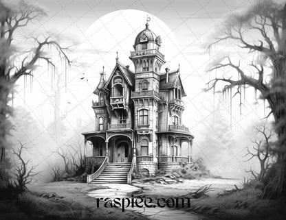 40 Halloween Landscapes Grayscale Coloring Pages Printable for Adults, PDF File Instant Download