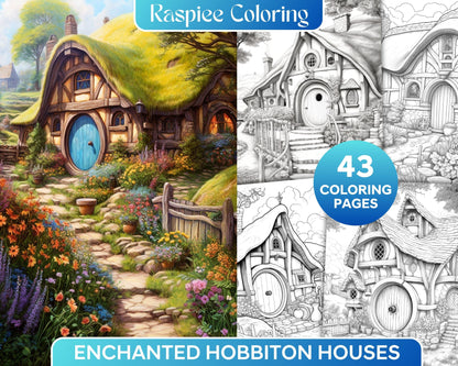 43 Enchanted Hobbiton Houses Grayscale Coloring Pages Printable for Adults, PDF File Instant Download