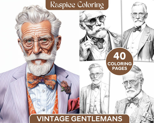 40 Vintage Gentleman Grayscale Coloring Pages Printable for Adults, PDF File Instant Download