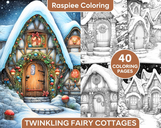 40 Christmas Twinkling Fairy Cottages Grayscale Adult Coloring Pages, Printable PDF Instant Download