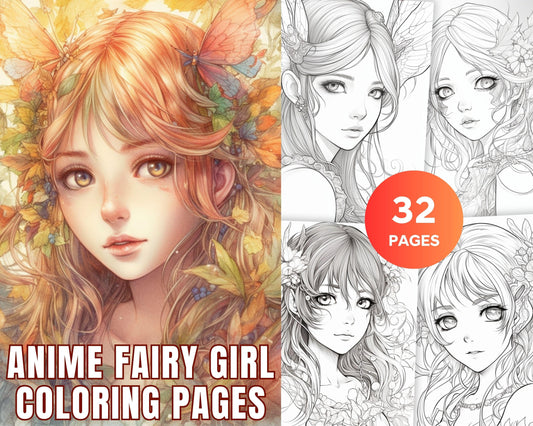 32 Anime Fairy Girl Printable Coloring Pages for Adults, Cute Fairy Grayscale Coloring Book, Printable PDF File Download