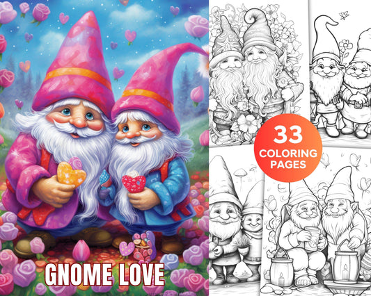 33 Gnome Love Coloring Pages Printable for Adults, Grayscale Coloring Page, PDF File Instant Download