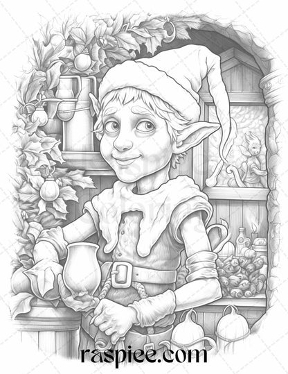 110 Christmas Elves Grayscale Coloring Pages Printable for Adults Kids, PDF File Instant Download