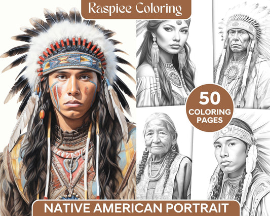 Native American Portrait Grayscale Coloring Pages Printable for Adults, PDF File Instant Download