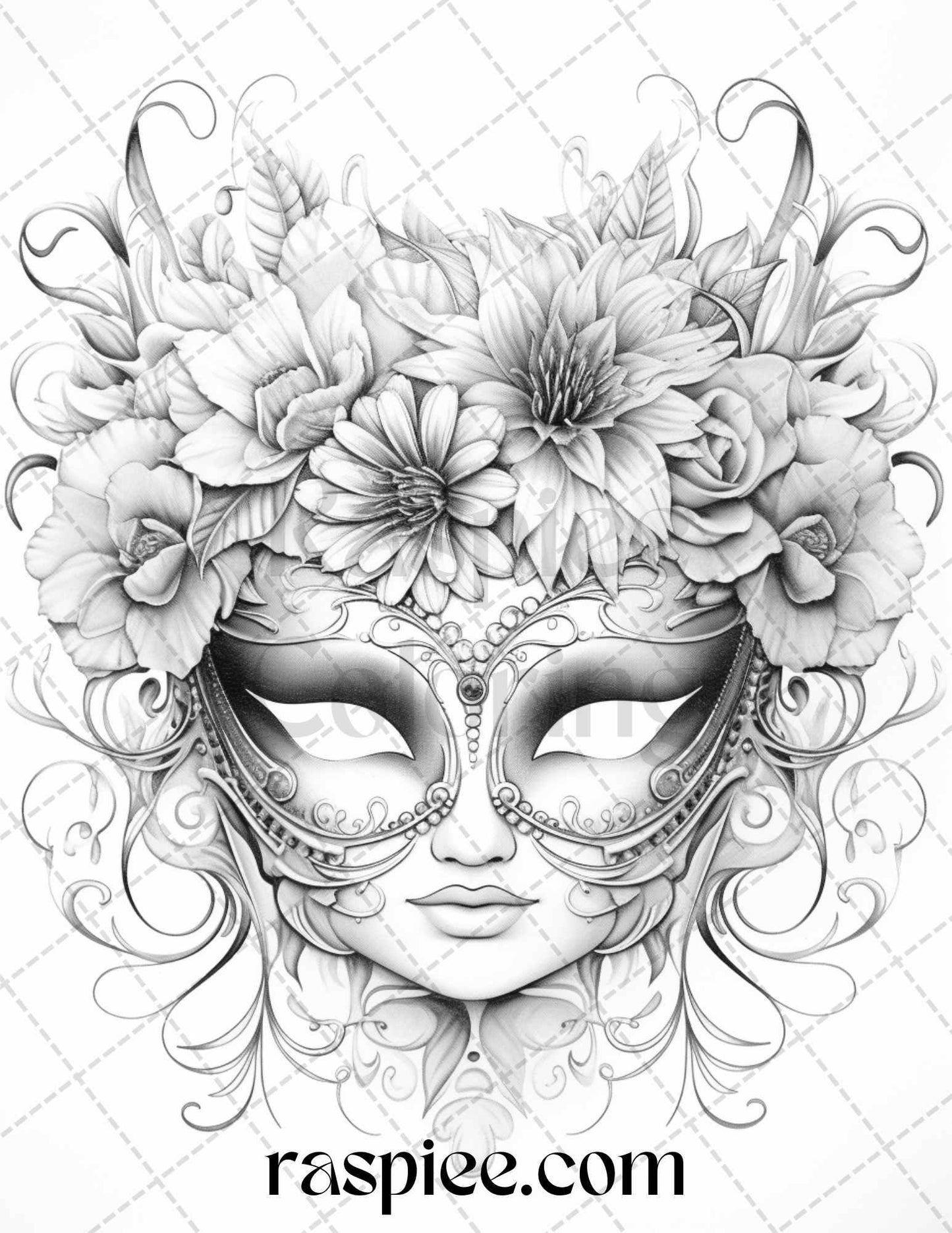 40 Masquerade Masks Grayscale Coloring Pages Printable for Adults, PDF File Instant Download