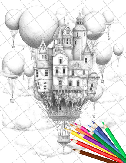 40 Fantasy Sky Houses Grayscale Coloring Pages Printable for Adults, PDF File Instant Download