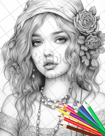 43 Beautiful Hippie Girls Grayscale Coloring Pages Printable for Adults, PDF File Instant Download