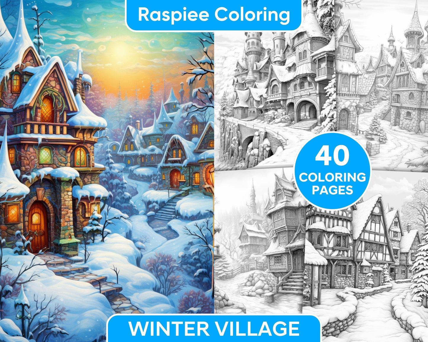 40 Fantasy Winter Village Grayscale Coloring Pages for Adults, PDF File Instant Download