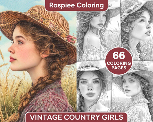 66 Vintage Country Girls Grayscale Adult Coloring Pages, Printable PDF Instant Download