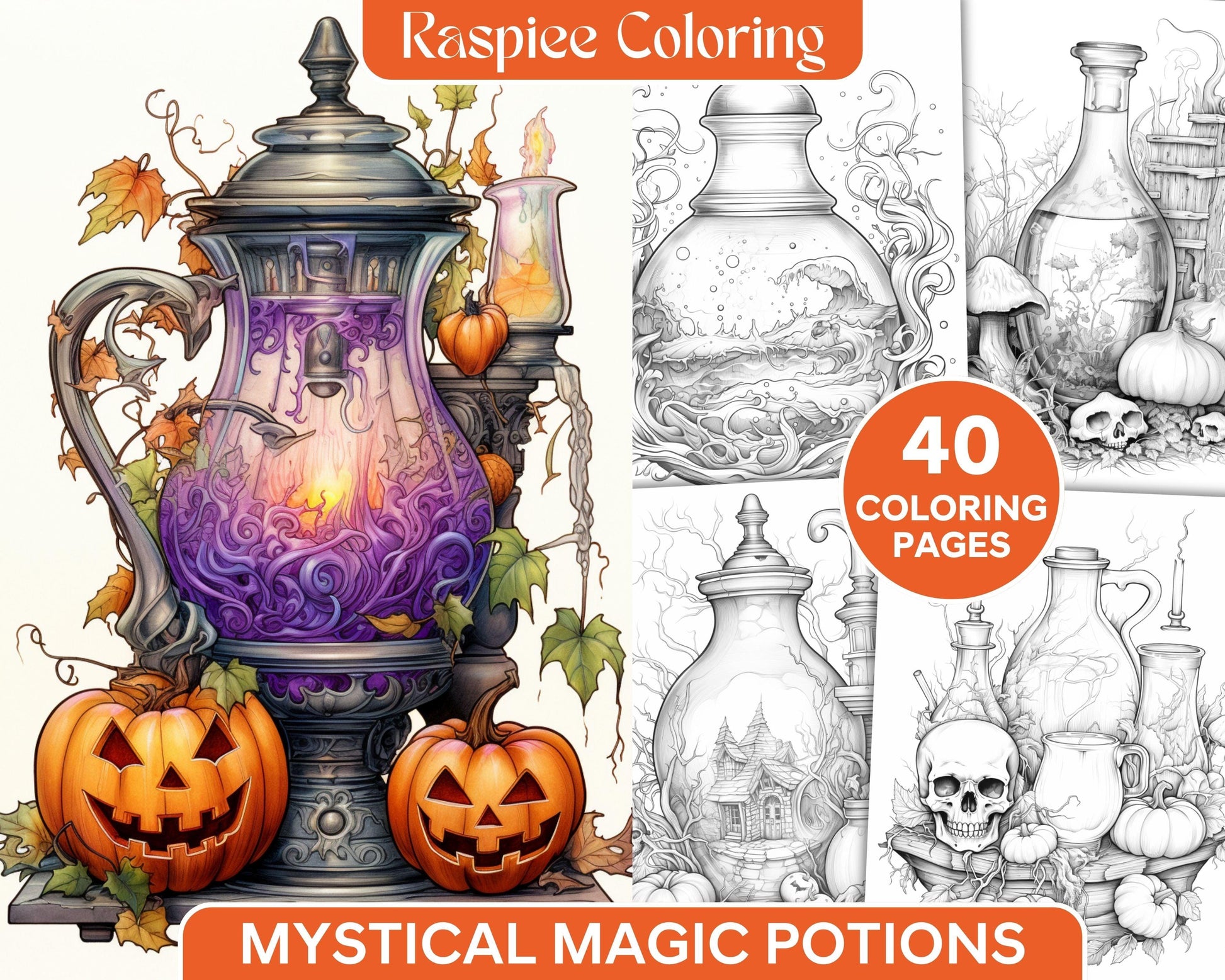 40 Mystical Magic Potions Grayscale Coloring Pages Printable for Adults, PDF File Instant Download