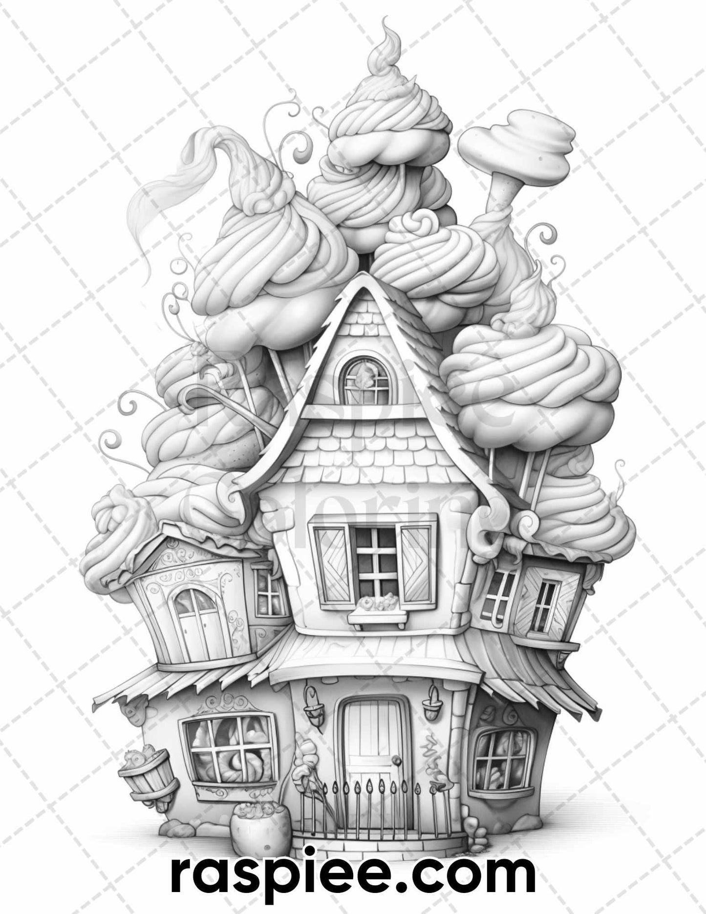 40 Whimsical Cupcake Houses Grayscale Coloring Pages for Adults, Printable PDF Instant Download