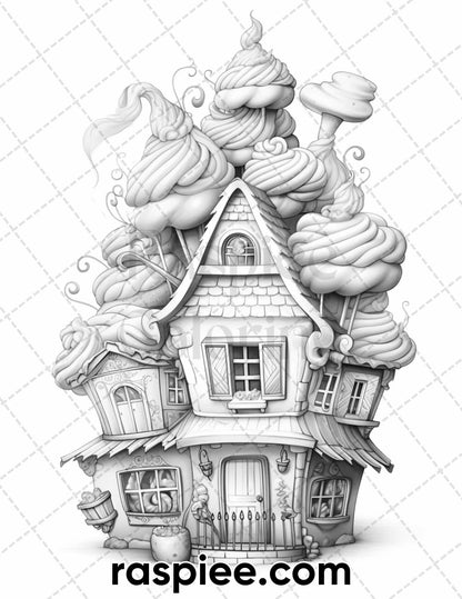 40 Whimsical Cupcake Houses Grayscale Coloring Pages for Adults, Printable PDF Instant Download