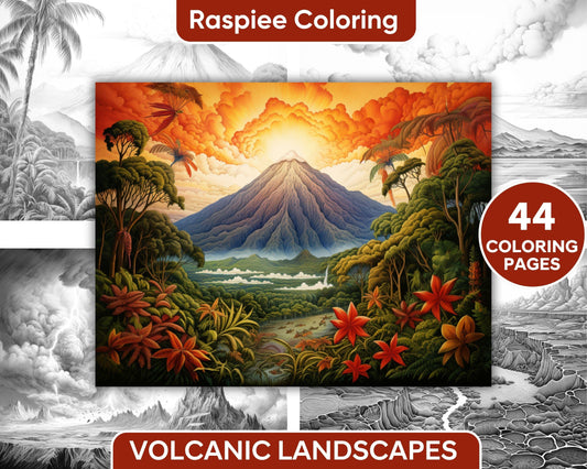 44 Volcanic Landscapes Grayscale Adult Coloring Pages, Printable PDF Instant Download