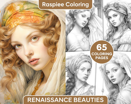 65 Renaissance Beauties Grayscale Coloring Pages for Adults, Printable PDF Instant Download