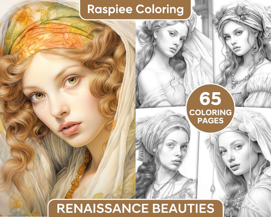 65 Renaissance Beauties Grayscale Coloring Pages for Adults, Printable PDF Instant Download