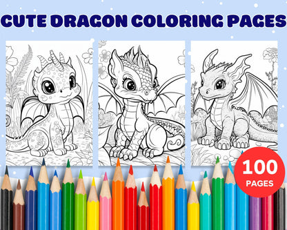 100 Adorable Dragon Printable Coloring Pages for Kids, Printable PDF File Instant Download