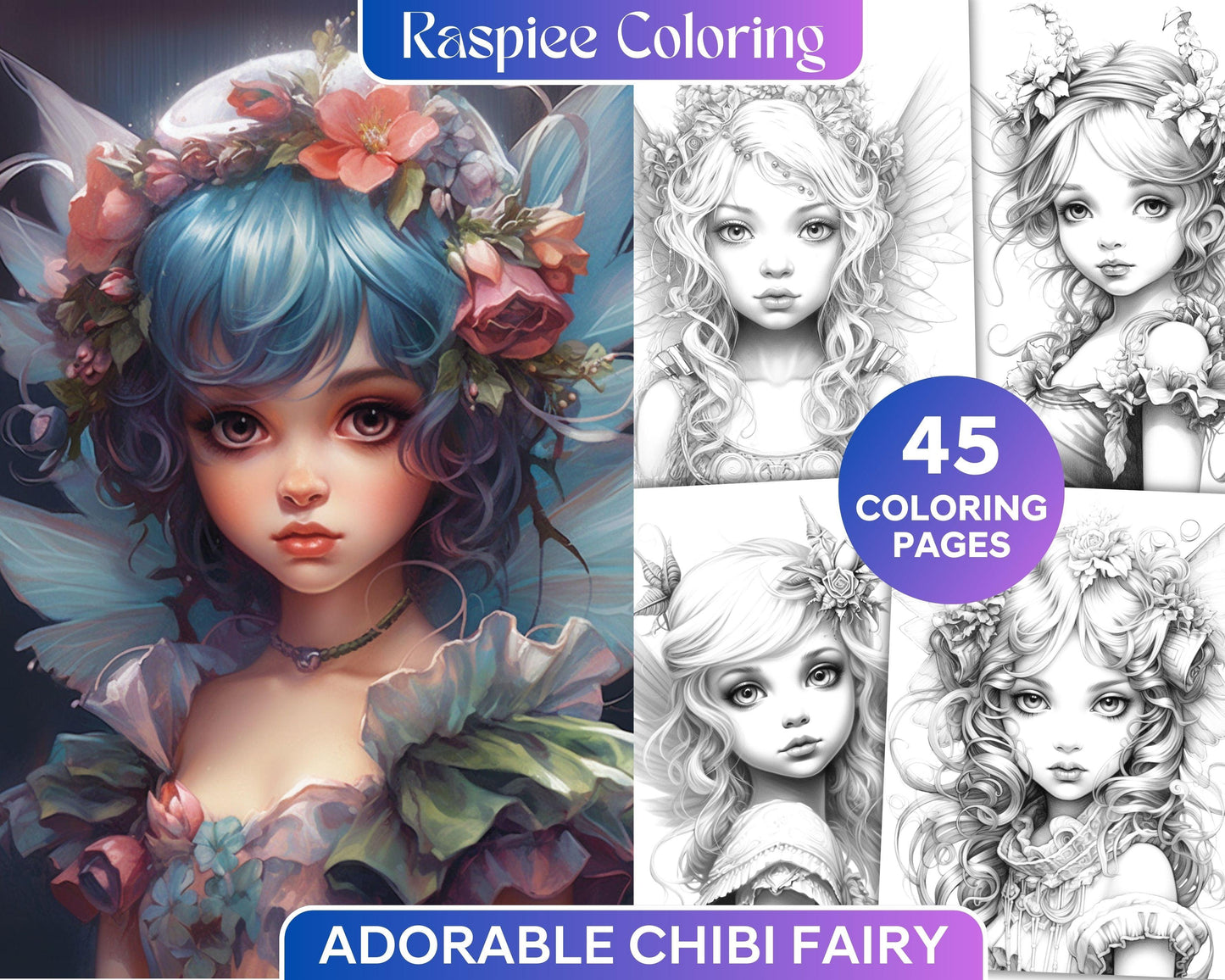 45 Adorable Chibi Fairy Grayscale Coloring Pages Printable for Adults, PDF File Instant Download