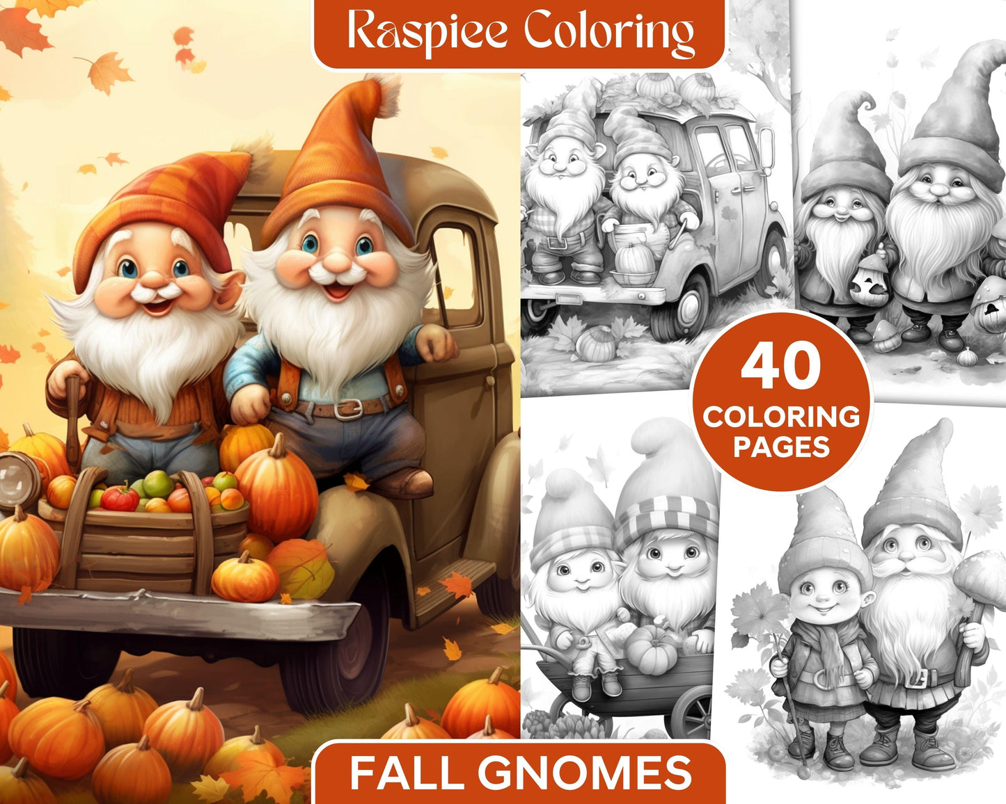 40 Fall Gnomes Grayscale Coloring Pages Printable for Adults Kids, PDF File Instant Download