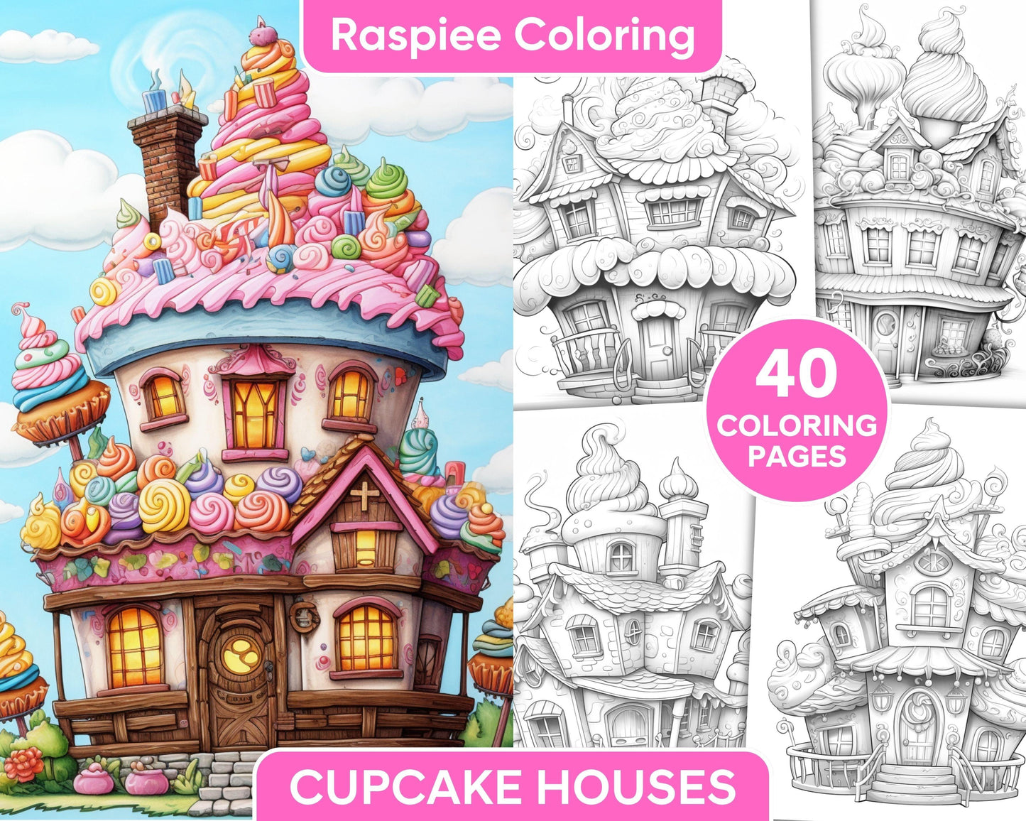 40 Whimsical Cupcake Houses Grayscale Coloring Pages for Adults, Printable PDF Instant Download