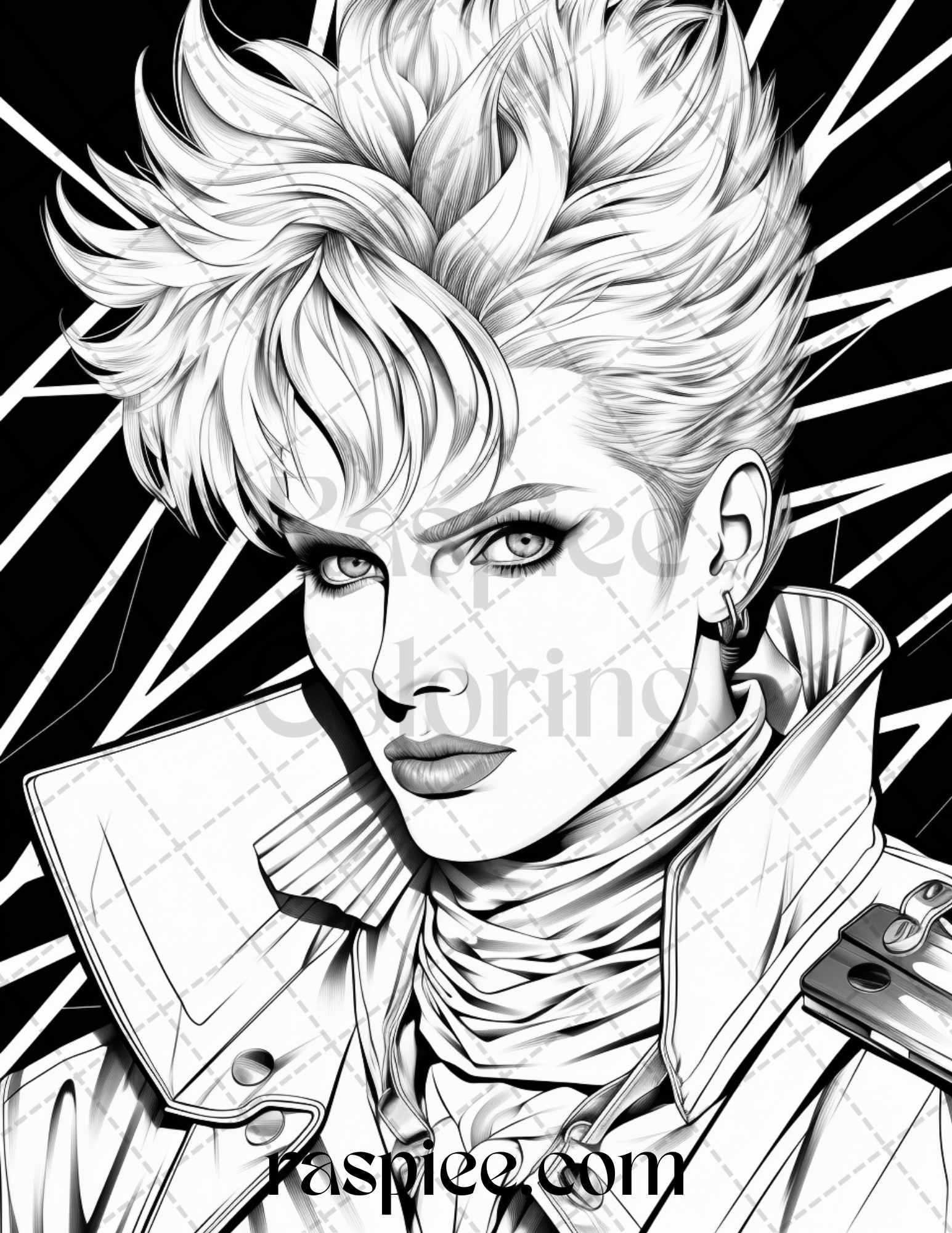 1980s New Wave Pop Star Grayscale Coloring Pages Printable for Adults, PDF File Instant Download