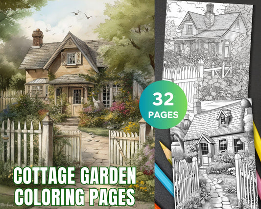 32 Printable Cottage House Garden Coloring Pages for Adults, Grayscale Coloring Book, Instant Download PDF