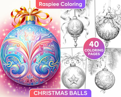 40 Christmas Balls Grayscale Coloring Pages Printable for Adults, PDF File Instant Download