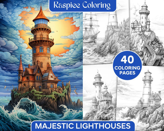 40 Majestic Lighthouses Grayscale Coloring Pages Printable for Adults, PDF File Instant Download