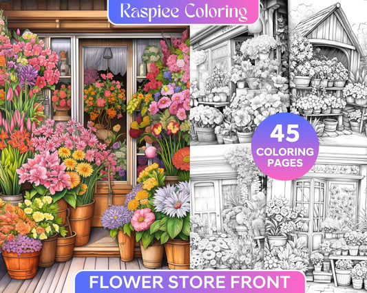 45 Flower Store Front Grayscale Coloring Pages Printable for Adults, PDF File Instant Download