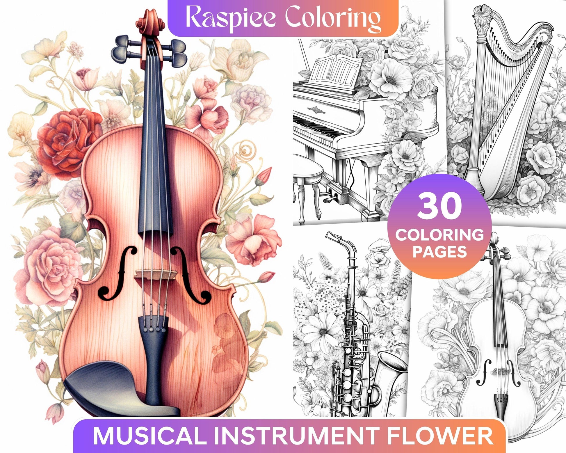 30 Musical Instrument Flower Grayscale Coloring Pages Printable for Adults, PDF File Instant Download