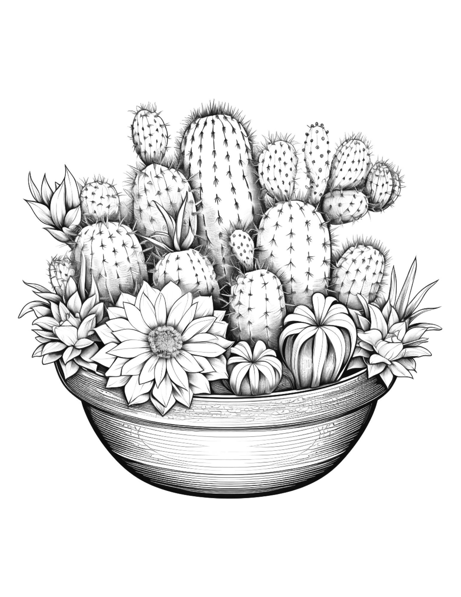 4 Free Printable Cactus Pots Coloring Pages for Adults, Grayscale Coloring Pages, PDF File Instant Download