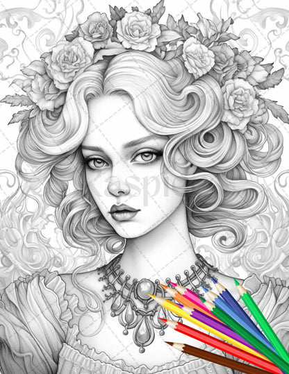 43 Beautiful Victorian Women Grayscale Coloring Pages Printable for Adults, PDF File Instant Download