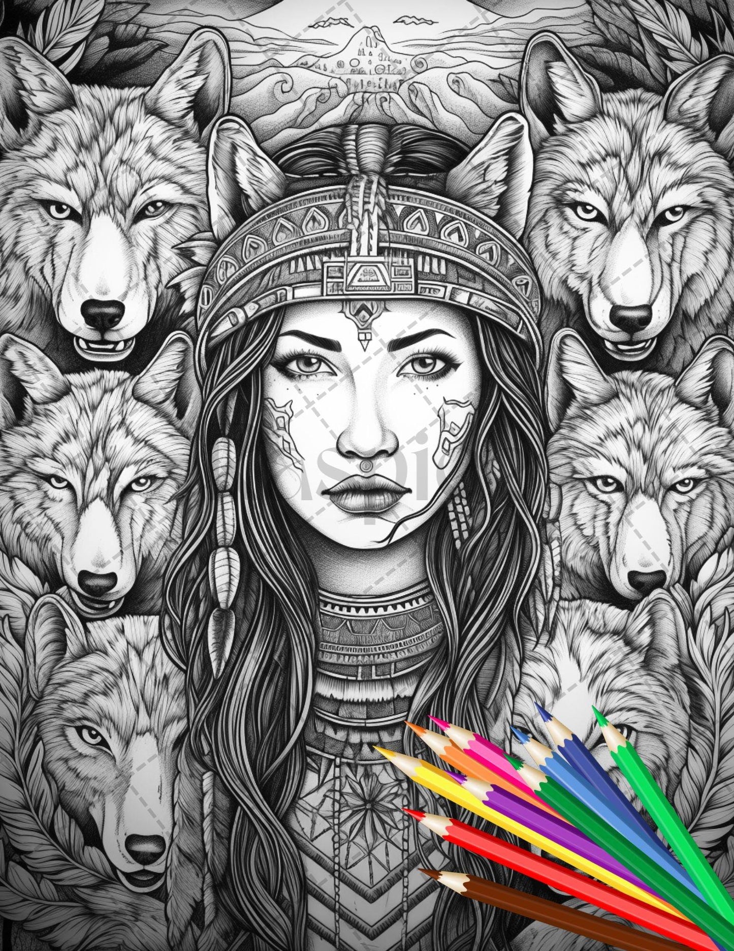 30 Native American Girls Printable Coloring Pages for Adult, Native American Culture Grayscale Coloring Book, Printable PDF File Download