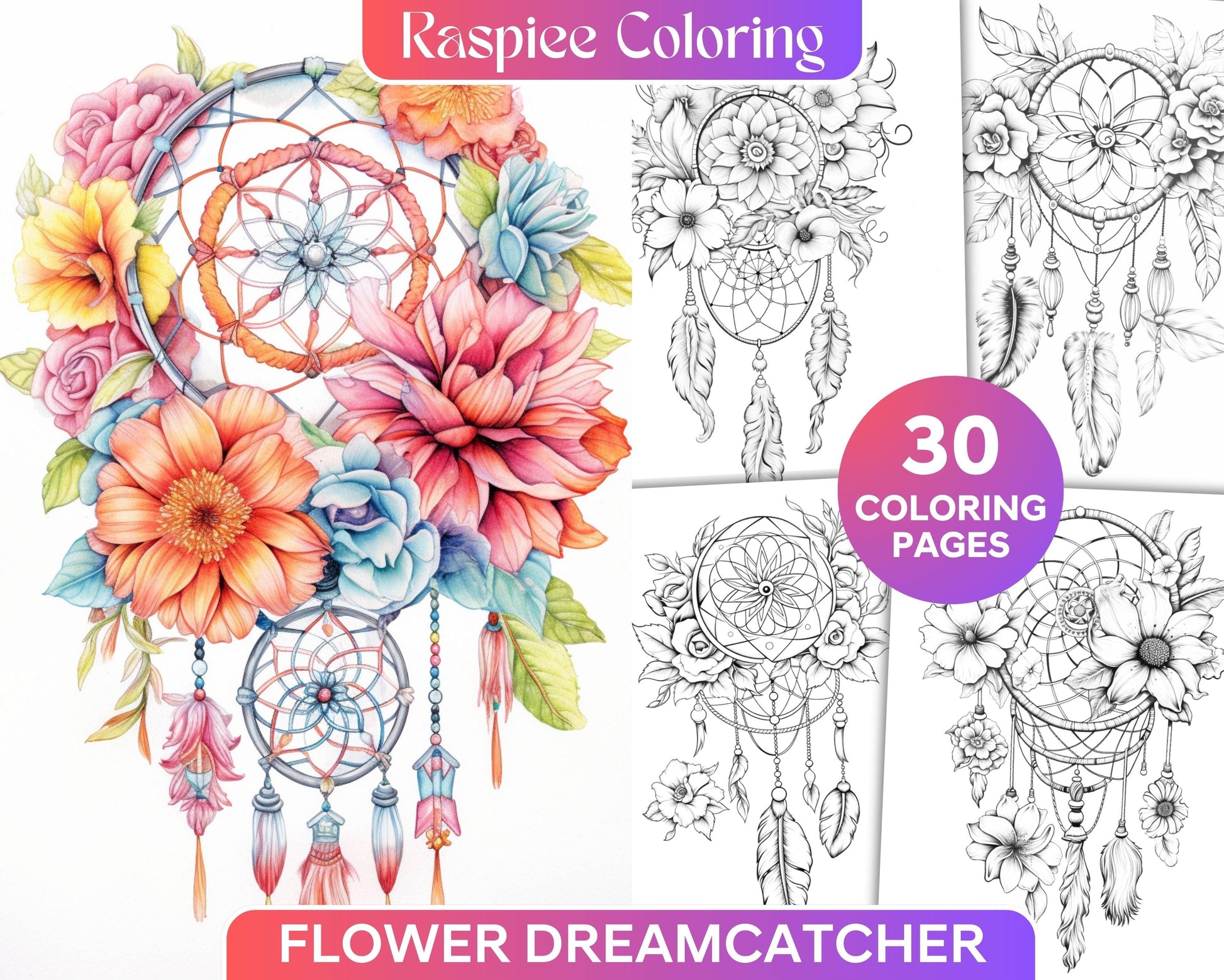 30 Flower Dreamcatcher Grayscale Coloring Pages Printable for Adults, PDF File Instant Download