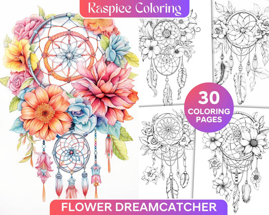 30 Flower Dreamcatcher Grayscale Coloring Pages Printable for Adults, PDF File Instant Download