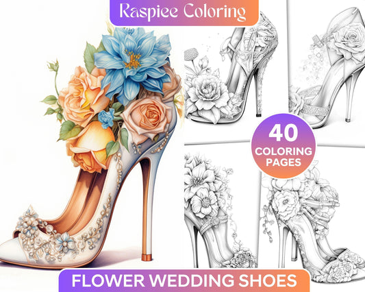 40 Flower Wedding Shoes Grayscale Coloring Pages Printable for Adults, PDF File Instant Download