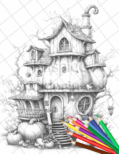 40 Pumpkin Fairy Houses Grayscale Coloring Pages Printable for Adults, PDF File Instant Download