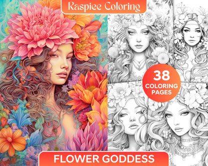 38 Flower Goddess Coloring Pages Printable for Adults, Grayscale Coloring Page, PDF File Instant Download