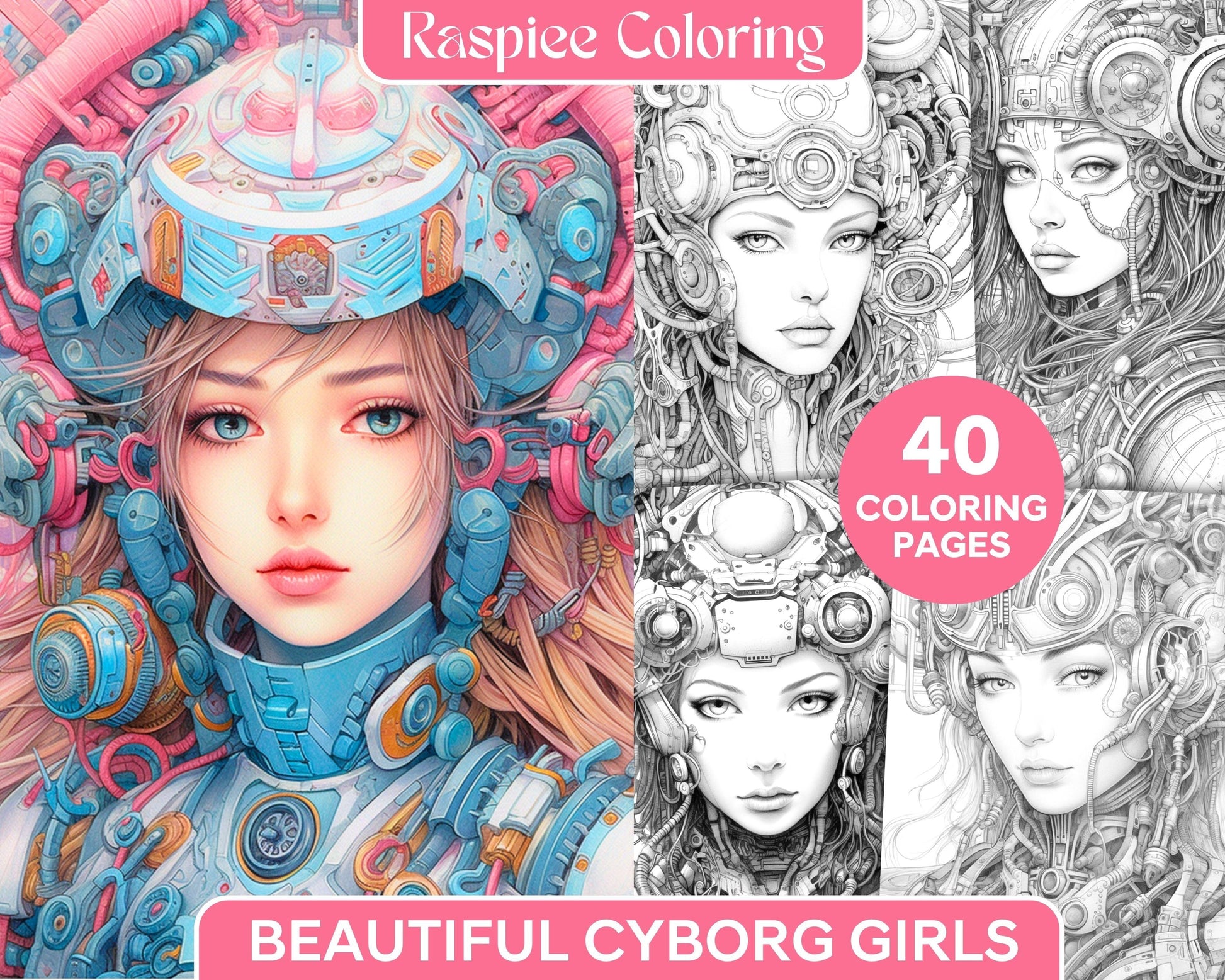 40 Beautiful Cyborg Girls Grayscale Coloring Pages Printable for Adults, PDF File Instant Download