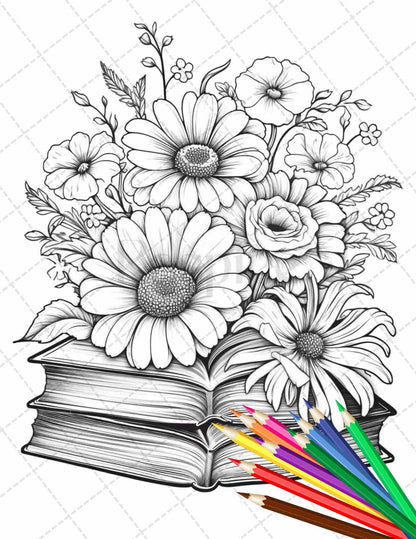 31 Book Flowers Coloring Pages Printable for Adults, Grayscale Coloring Page, PDF File Instant Download