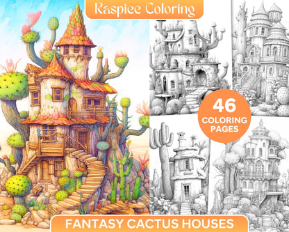 46 Fantasy Cactus Houses Grayscale Coloring Pages Printable for Adults, PDF File Instant Download