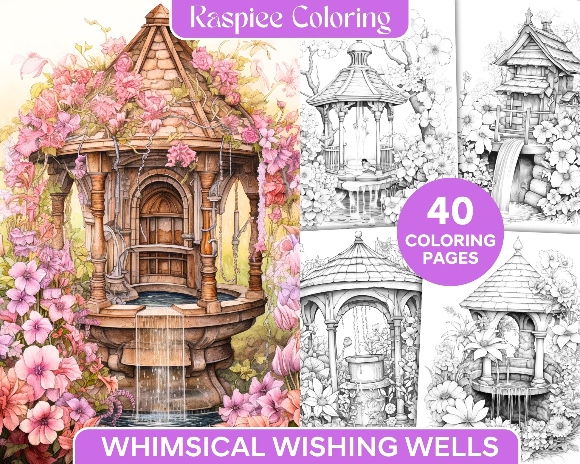 40 Whimsical Wishing Wells Grayscale Coloring Pages Printable for Adults, PDF File Instant Download