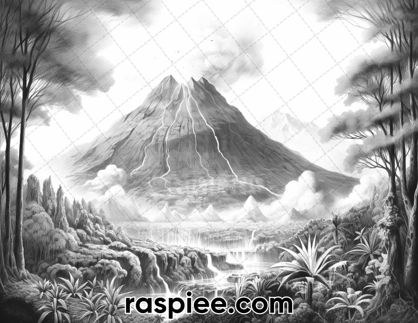 44 Volcanic Landscapes Grayscale Adult Coloring Pages, Printable PDF Instant Download