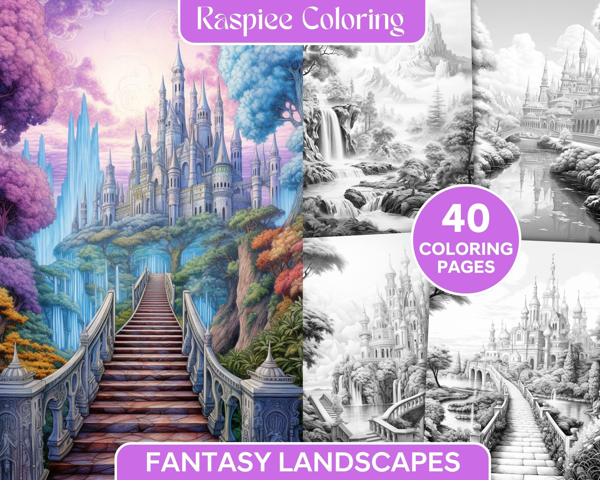 40 Fantasy Landscapes Grayscale Coloring Pages Printable for Adults, PDF File Instant Download