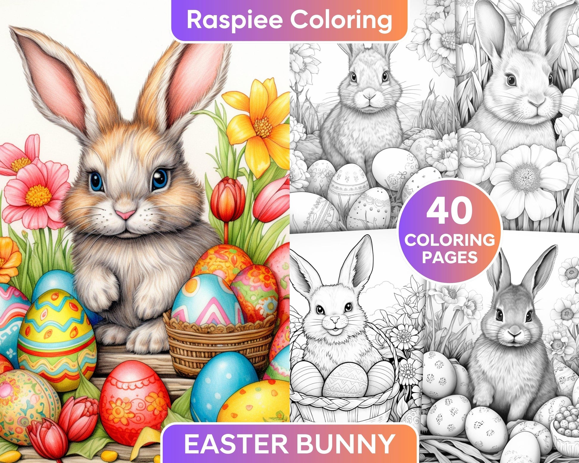 40 Easter Bunny Grayscale Adult Coloring Pages, Printable PDF Instant Download