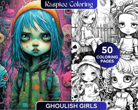 50 Ghoulish Girls Grayscale Coloring Pages Printable for Adults, PDF File Instant Download