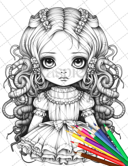 40 Creepy Porcelain Dolls Grayscale Coloring Pages for Adults, PDF File Instant Download