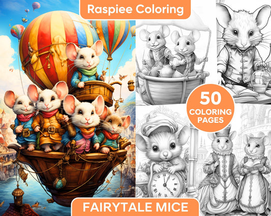 50 Enchanting Fairytale Mice Grayscale Coloring Pages Printable for Adults, PDF File Instant Download