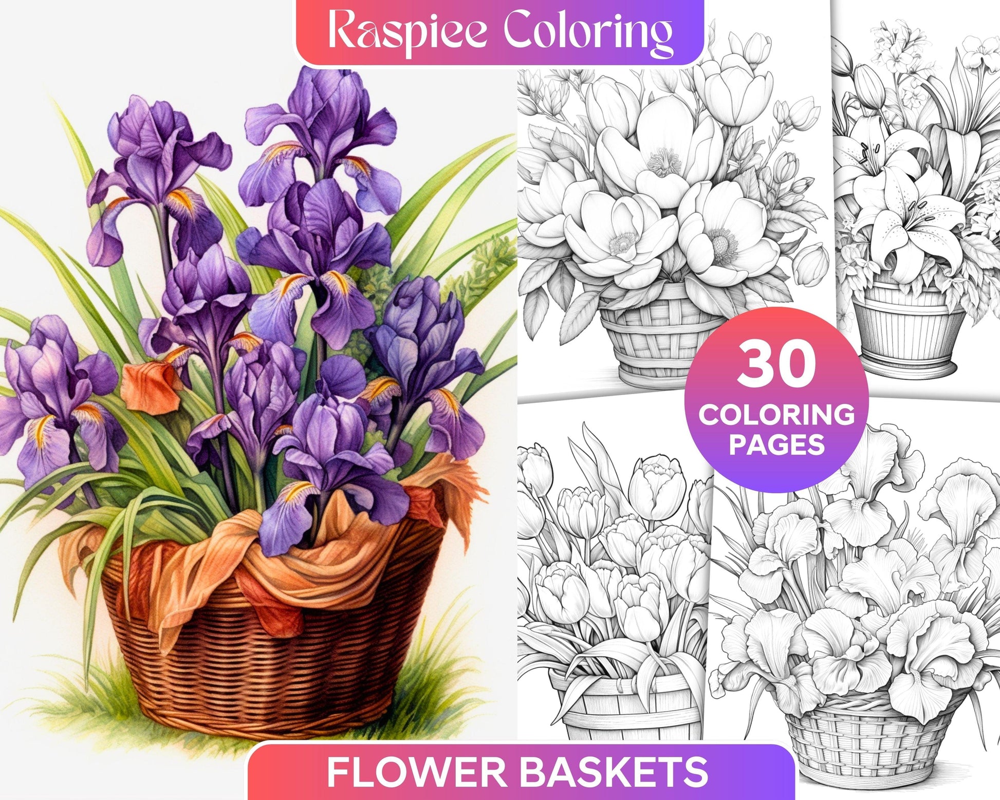 30 Flower Baskets Grayscale Coloring Pages for Adults, PDF File Instant Download